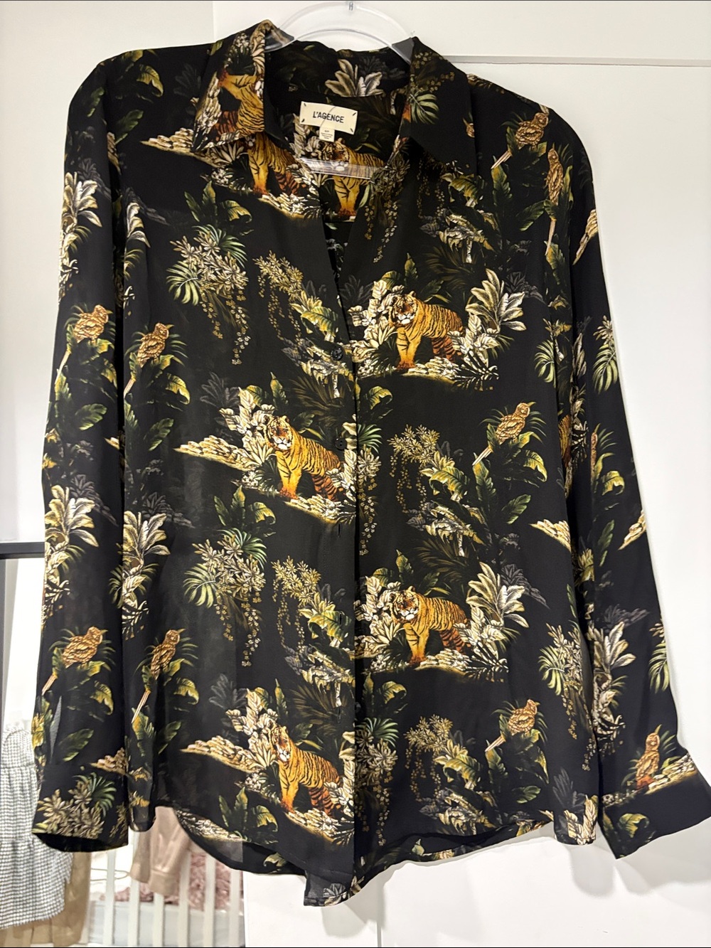 L'AGENCE Black Botanical & Tiger Print Silk Blouse
